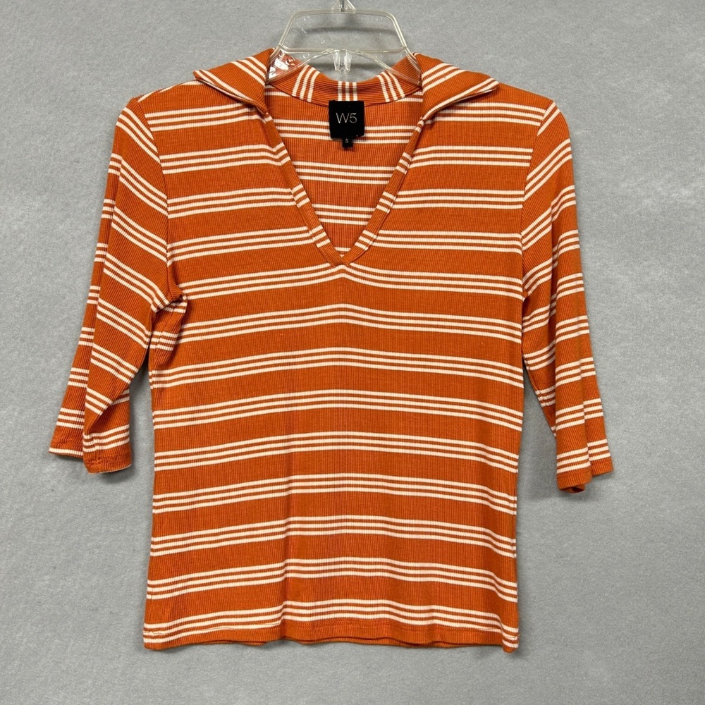 W5 Womens S Polo Top Orange White Striped Y2K Preppy Knit 3/4 Sleeve V-Neck
